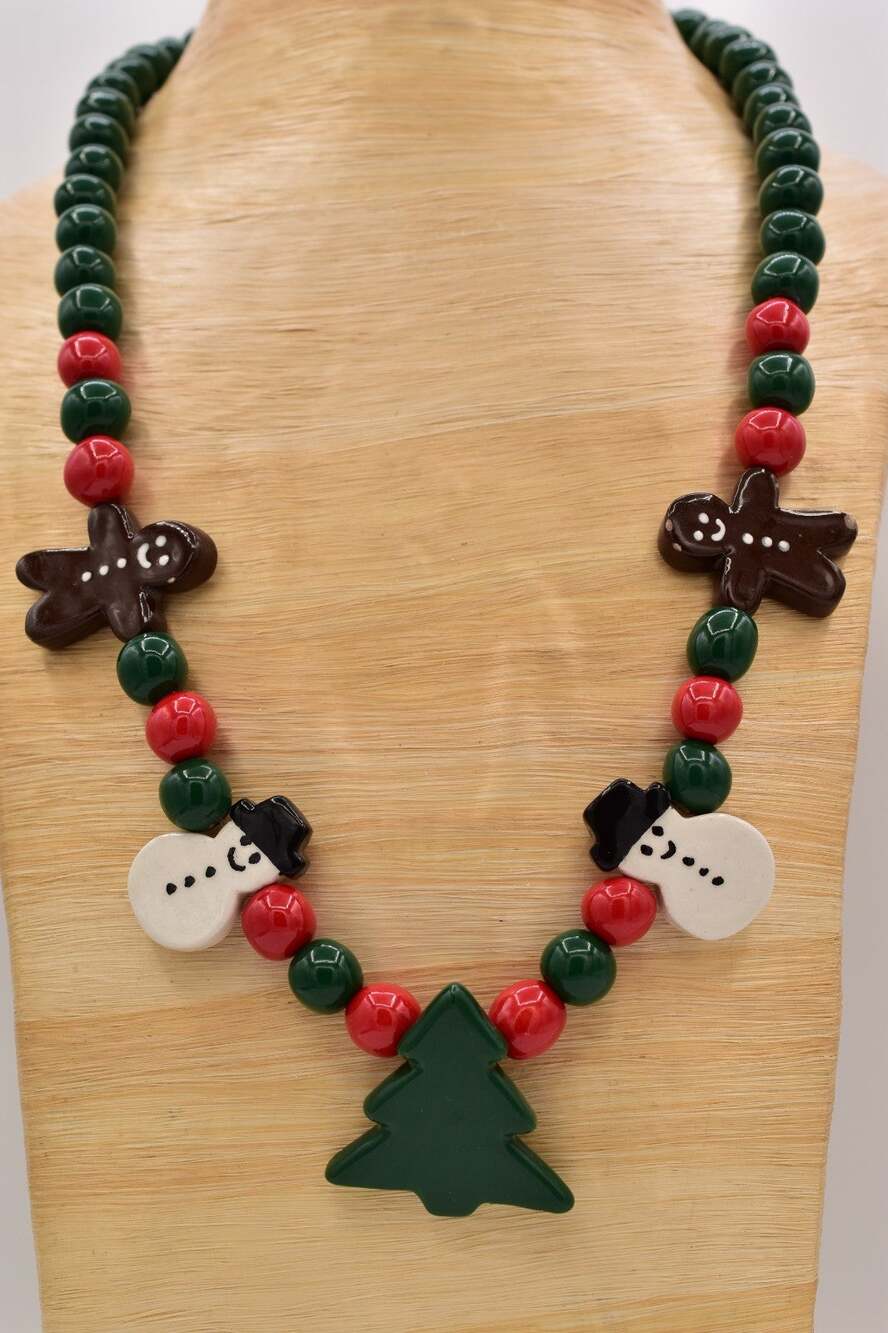 Vintage Christmas Statement Necklace Porcelain Snowman Gingerbread Holiday BinBJ